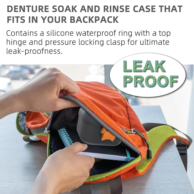 ARGOMAX Leak Proof Denture Bath Cup, Portable Soaking Denture Box, Denture Bath Case with Strainer, for Dentures and Braces, Upgraded Version with Storage Compartment (Black + Orange).