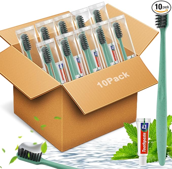 HOFASON Disposable Toothbrushes with Toothpaste 10 Pack, Bulk Travel Toothpaste and Toothbrush Set, Travel Size Tooth Brush Paste Kit, Individually Wrapped Toiletries for Homeless, Hotel, Shelter