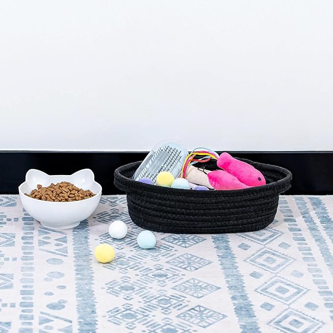 CubesLand Small Cotton Rope Storage Basket Set 5, Shelves Baskets for Organizing with Handle, Decorative Closet Storage Bins for Countertop Toilet Paper Basket for Toilet Tank Top,Black Basket