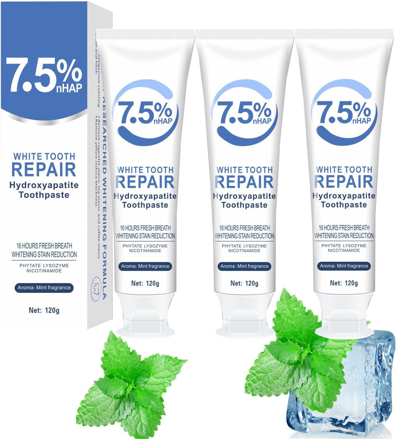 3 Pcs 7.5% Hydroxyapatite Toothpastes for Enamel Protection and Tooth Strengthening, Stain Removal, Whitening Tooth, Gentle Mint, Fresh Breath, Daily Use for Oral Health