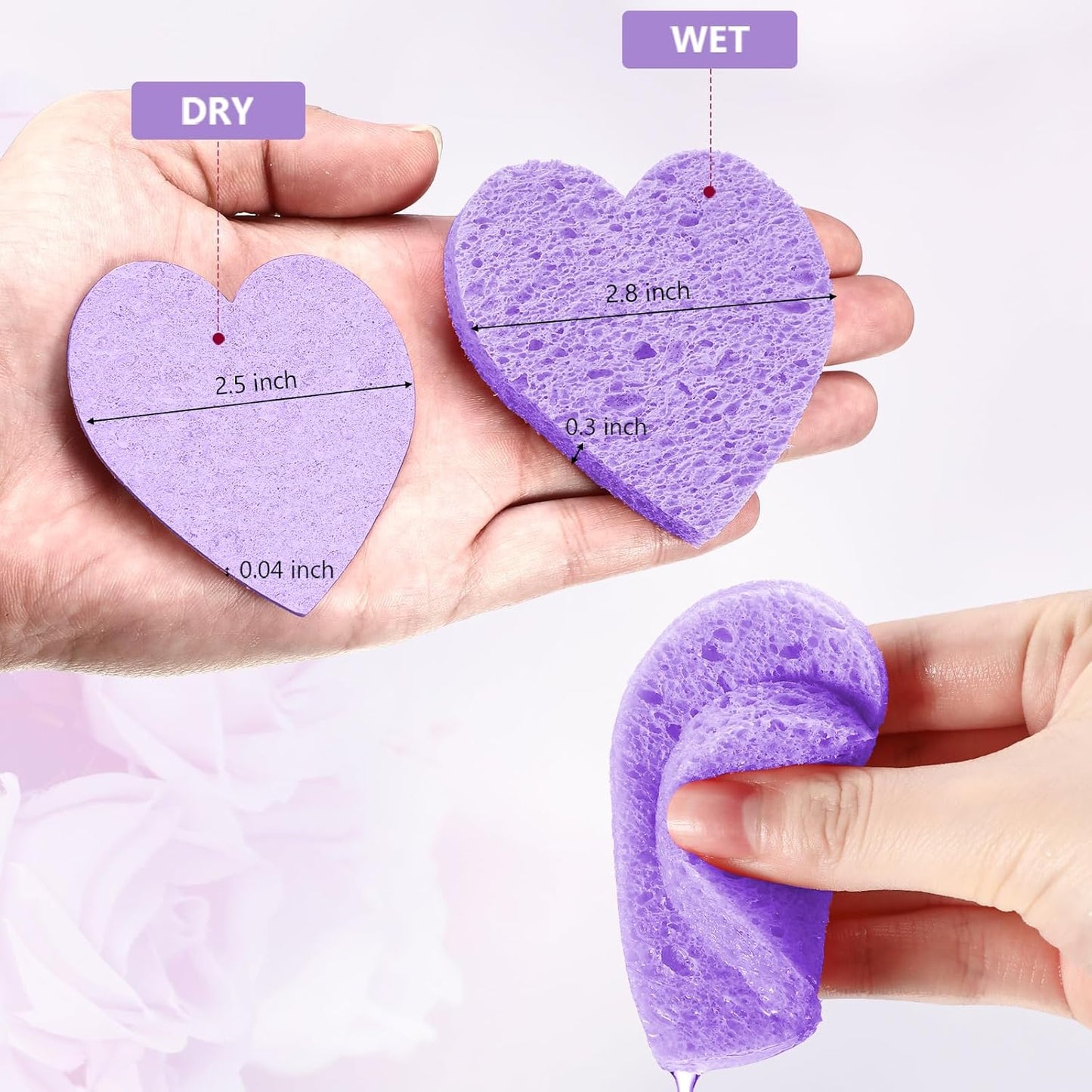 Nuenen 60 Pieces Facial Sponges with Container, Heart Shape Compressed Face Sponges Natural Cleaning Pads for Washing Face Cleaning Exfoliating Esthetician Makeup Removal(Purple)