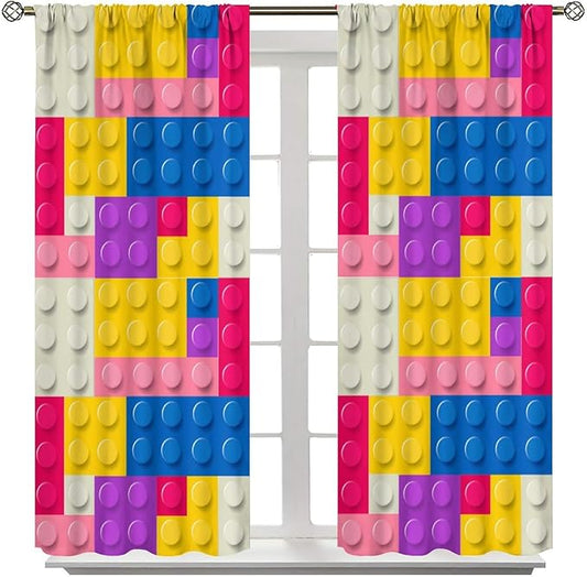 Kids Building Blocks Toy Curtains Children's Room Abstract Outline Colorful Plastic Toys Geometric Bricks Print Curtains for Boys Girls Nursery Curtains 42x45 Inches 2 Panels