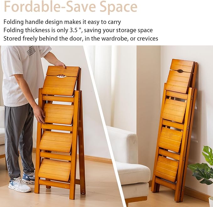 Latifolia Foldable 4 Step Ladder, Wooden Step Stool with Floor Saver, Decorative Ladder Shelf for Living Room, Kitchen, Garden(Walnut)