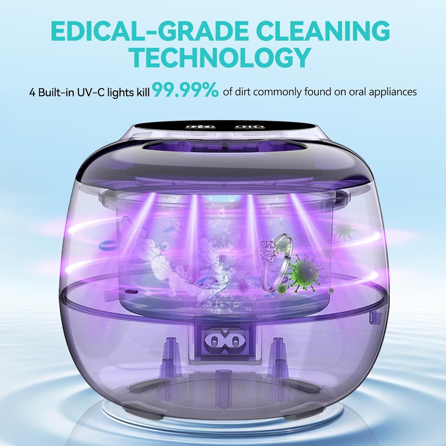 Denture Ultrasonic Retainer Cleaner Machine - 45kHz Retainer Cleaner Machine with 200ML Dental Pod, 9 Modes Ultrasonic Cleaner for Denture, Mouth Guard Clenching, Aligner, Braces, Toothbrush, Jewelry