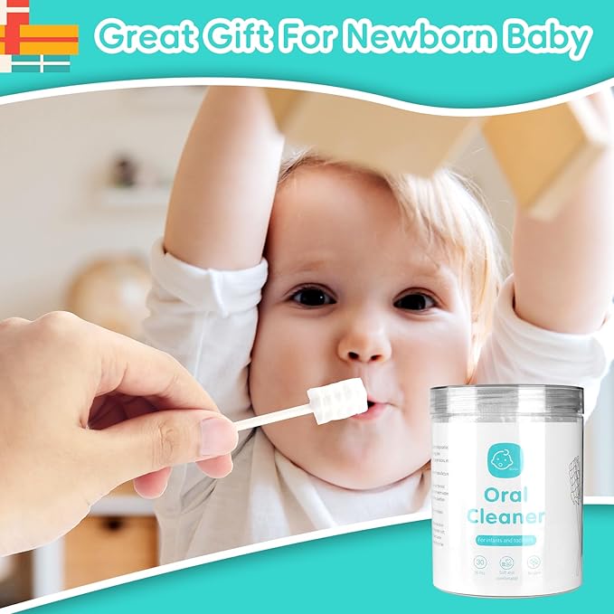 Baby Tongue Cleaner Toothbrush 30Pcs Disposable Infant Tooth Brush Clean Baby Mouth with 2Pcs Finger Toothbrush Oral Cleaning Stick Gauze Cleaner Stick Dental (Green, 32 Piece Assortment)