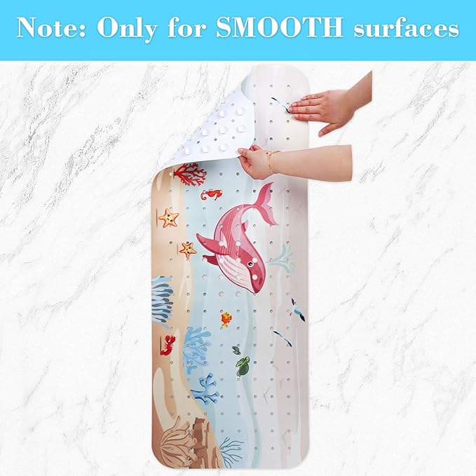 Bath Mat for Tub Non Slip, Machine Washable Anti-Slip Cartoon Baby Bathtub Shower Mat with Drain Holes and Suction Cups for Toddler & Kids (40 Inch x 16 Inch-Rectangular, Rosy Whale)