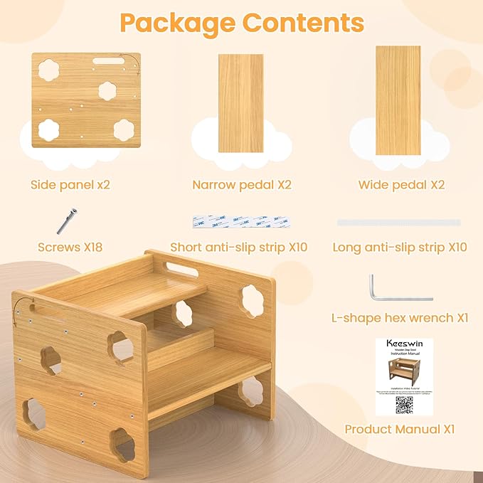 Kesswin Step Stool for Kids, Wooden Toddler Step Stool 300 lbs Capacity with Safety Non-Slip Pads and Handles, Height-Adjustable 2-Stepping Stool for Kitchen, Bathroom Sink, Bedroom