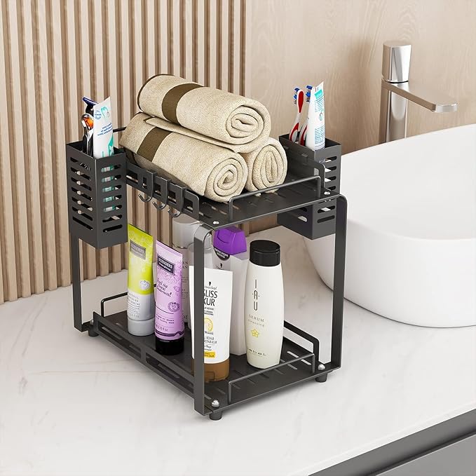 junyuan Large Bathroom Organizer Countertop,2 Tiered Organizer Shelves with Toothbrush Holders,Bathroom Counter Storage Rack with Basket and Hooks Metal Black
