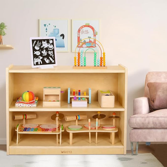 wingyz Wooden Storage Cabinet, 2-Tier Kids Toy Storage Organizer, Spacious Montessori Kids Bookshelf, Toy Shelf Storage Organizer for Playroom Classroom Nursery Study Room Living Room