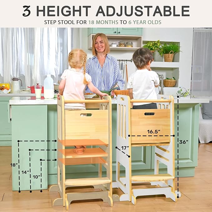 WINGYZ Toddler Kitchen Stool – Adjustable Helper Tower for Kids with Safety Rail, Wooden Standing Step-Up Stool, Sliding Door & Stable Base, Natural Wood