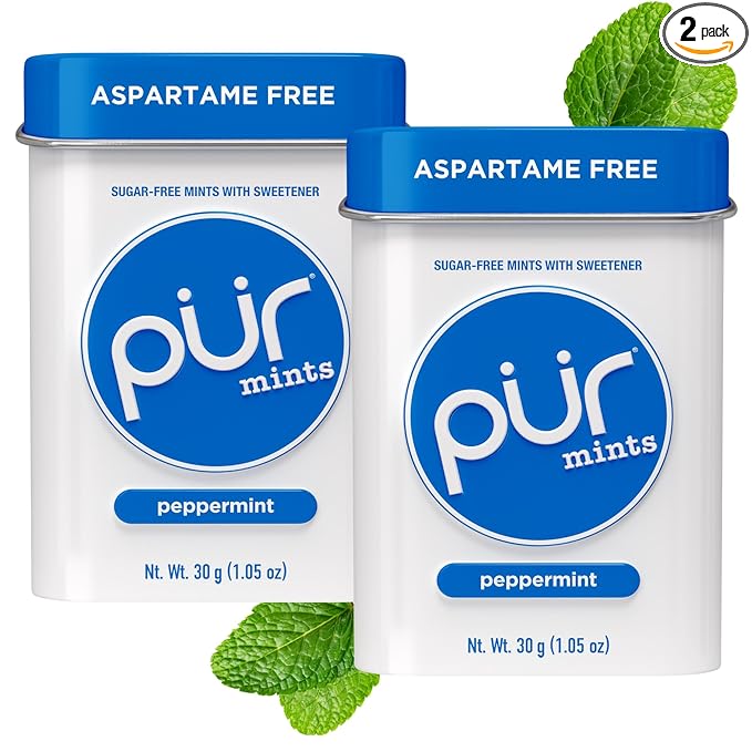 PUR Mints | Aspartame Free Mints | Made with Xylitol | Sugar Free, Vegan, Gluten Free & Keto Friendly | Natural Peppermint Flavored Mints, 30 Pieces (Pack of 2)