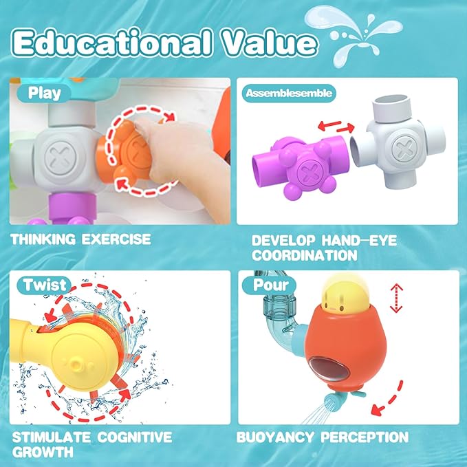 Bath Toys for Kids Ages 3-8, STEM 21 Pack | DIY Water Pipe Assembly Kit with Storage Bag | Educational Bath Toys for Toddler 3-5 |Toddler Bath Toy with Interactive Features for Cognitive Development