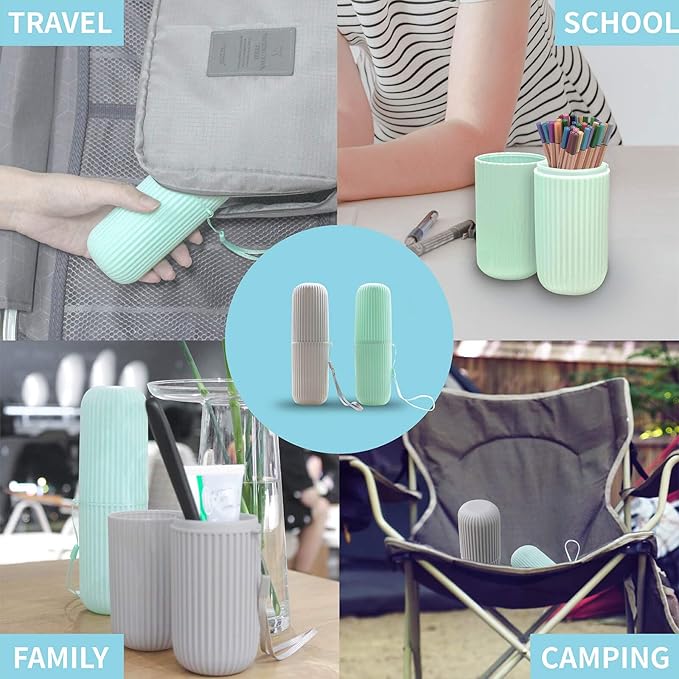 Sunenlyst 2Pcs Travel Toothbrush Holder, Portable Toothbrush Case for Traveling, Camping, Business Trip and School, Multifuction Plastic Toothbrushes Toothpaste Set with Two Colors, Green and Grey