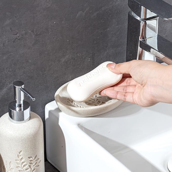 Bathroom Accessories Set, 4 PCS Bathroom Accessory Sets with Soap Dispenser 13 OZ, Toothbrush Holder, Tumbler, Soap Dish, Bathroom Countertop Organizer, Sea Bathroom Decor (Leaf Beach)