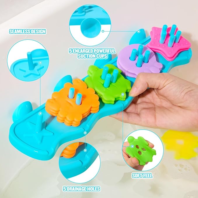 Baby Bath Toys for Kids Ages 1-3, Educational Toddler Bath Toys Mold Free Shape Sorter & Stacking with 20 Soft Rubber Floating Pieces, Sensory Bathtub Toys with Mesh Bag for Girls Boys