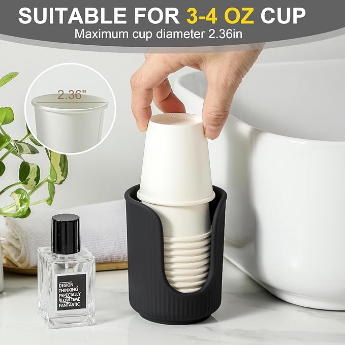 Ceramic Bathroom Cup Dispenser with Stylish Vertical Stripes - Disposable Mouthwash Cup Holder Holds 3-4oz Paper Cups for Rinsing Cups on Bathroom Vanity Countertops (Matte Black)
