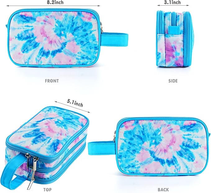 Kids Toiletry Bag for Girls, Travel Toiletry Bag for Teen Girls Cosmetic Bag Makeup Bag Waterproof Hanging Wash Bag Toiletries, Tie Dye Blue