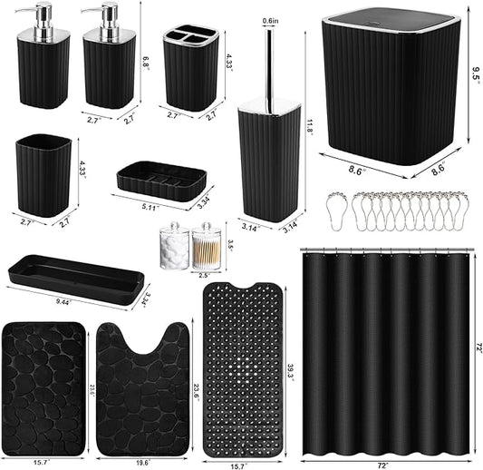 26PC Bathroom Accessories Set - Gorgeous Black Bathroom Set, Bathroom Accessory Set, Black Shower Curtain Set with Bathtub Mats for Shower Tub