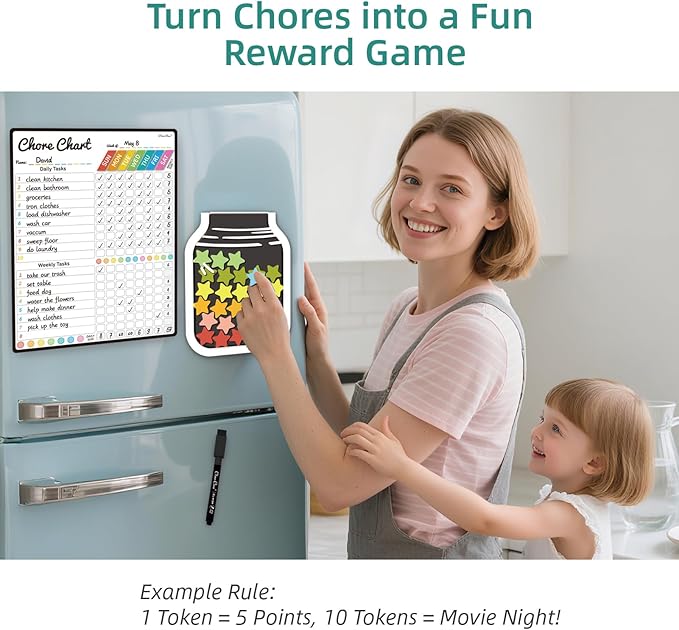 Magnetic Responsibilty Reward Chart for Kids - Magnetic Reward Jar with Stars Included - Ideal for Home Chore Tasks&Reward System