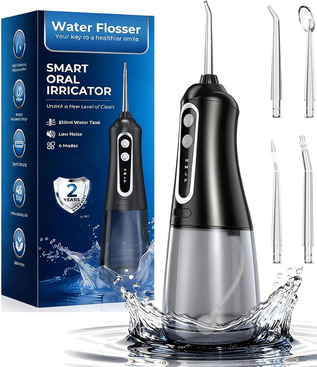Water Dental Flosser Pick for Teeth, Cordless Oral Irrigator Cleaner 350ML IPX7 Waterproof Rechargeable, 4 Modes 4 nozzles, Portable Professional Flossing for Cleaning Gum Care Braces Home Travel