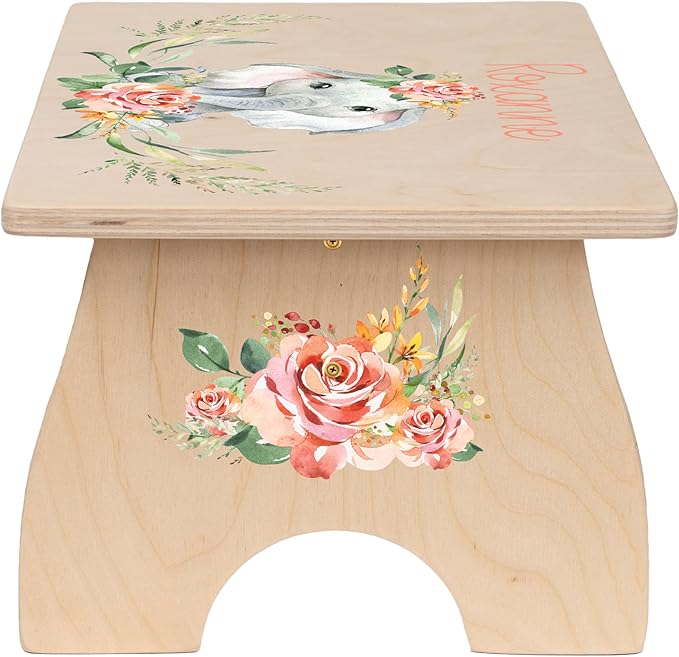 Step Stool for Toddlers- Personalized Wood Kids Step Stool with Name for Kitchen Sink, Bathroom, Potty Training, Toilet, Kitchen Sink- Sturdy and Safe- Made in USA by BloomOwl (Elephant- Coral Floral)