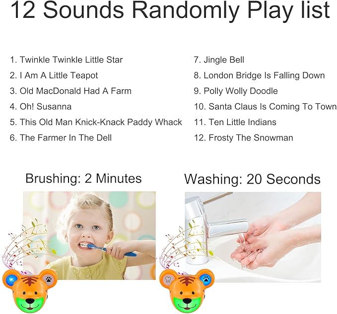 LUXSWAY Cute Animal Toothbrushing Timer for Kids with Musical Volume, 2 Minute Kid Timer for Teeth, 20 Seconds Wash Hand for Kids Training, Rechargeable Colored Led Light Visual- Tiger