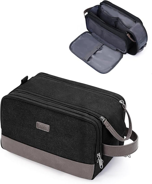 WANDF Toiletry Bag for Men Travel Toiletry Organizer Canvas and Leather Dopp Kit Water-Resistant Shaving Bag for Travel Accessories (Black, Medium)