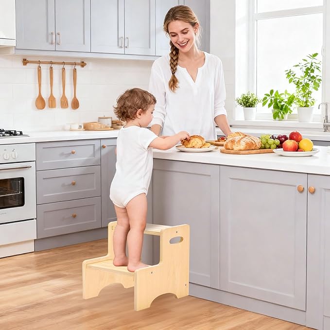 Wooden Toddler Step Stool for Kids, Two Step Stool with Non-Slip Pads & Handles, Potty Training Stool for Bathroom Sink, Toilet, Kitchen, Bedroom (Natural)