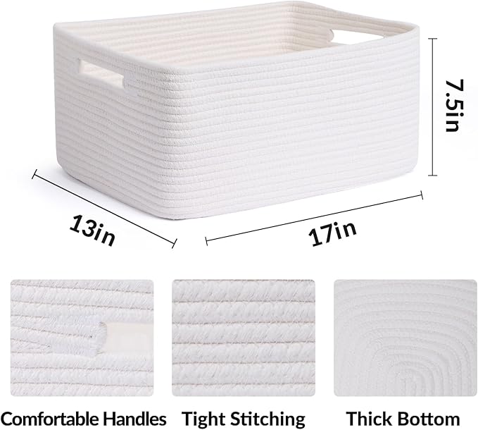 Large Storage Baskets for Organizing, Closet Shelf Baskets for Clothes Blanket Towels, Baby Nursery, Toy Bins Box, Woven Rope Baskets, 17 x 13 x 7.5”, 4 Packs Off White