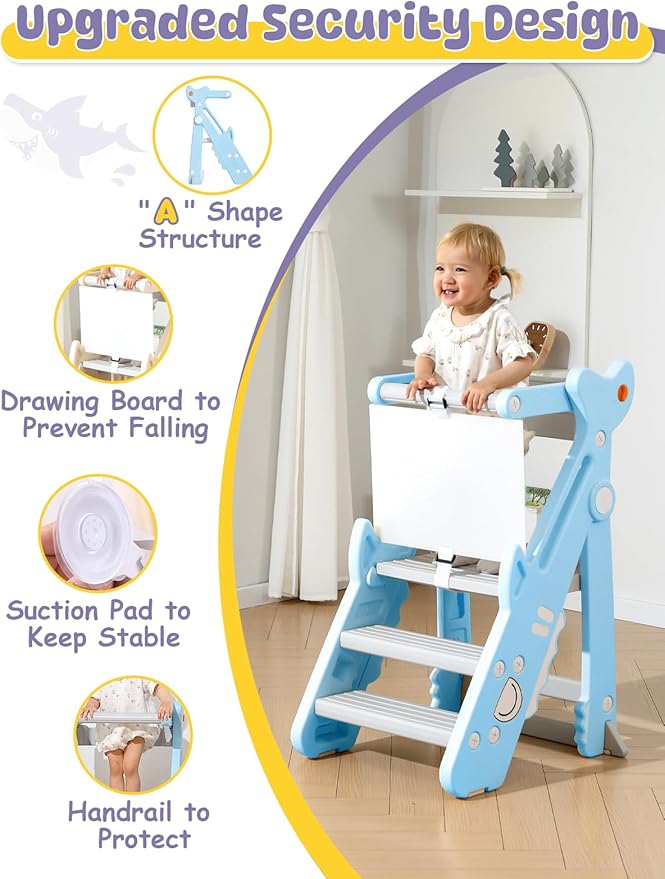 VBABY Foldable Toddler Tower, Plastic Kitchen Stool Helper for Kids, Adjustable Height Standing Tower, Certified Toddler Step Stool, Blue