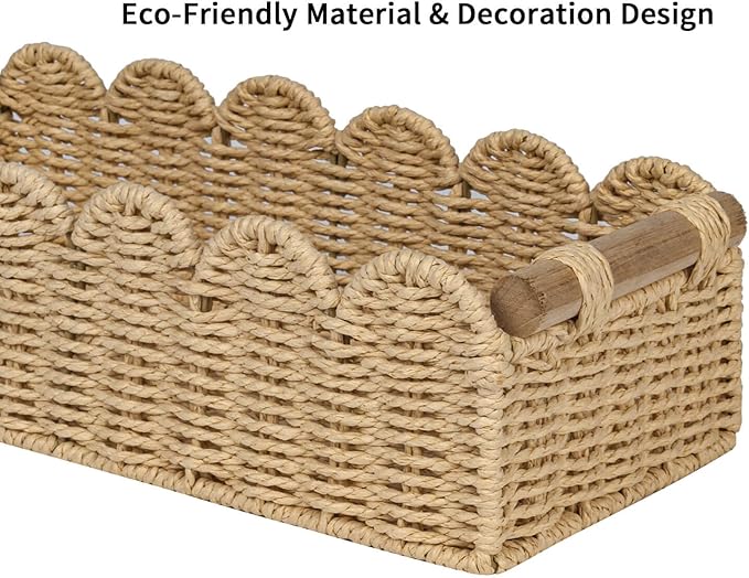CubesLand Scalloped Decor Basket for Living Room, Home, Bathroom, 2SAME SIZE Paper Rope Basket, Toilet Storage Baskets for Over Toilet Storage Shelf, Cute Woven Basket Both Storage&Decor, Beige