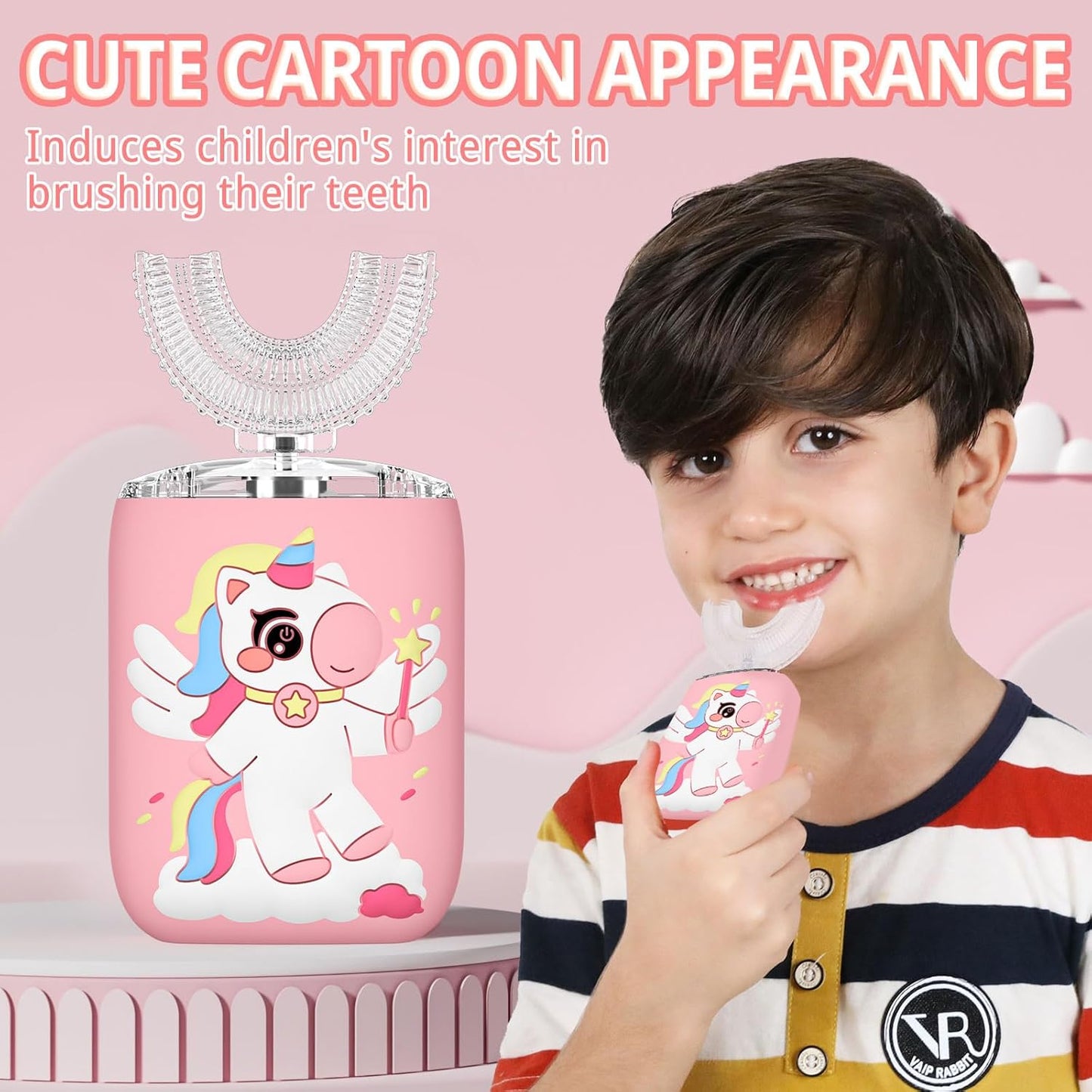 Kids Electric U Shaped Toothbrush Unicorn Rechargeable Sonic Toothbrush with 4 Soft Brush Heads with Kid Toothpaste IPX7 Waterproof - (Age 2-15, Pink)