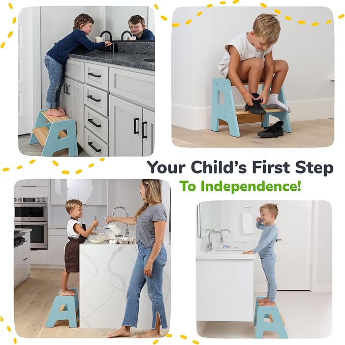 OCODILE 2-Step Wooden Step Stool for Toddlers | Kids Stool for Bathroom Sink & Kitchen Use | Non-Slip Step | Wooden Stool for Children Ages 2+ Years Blue