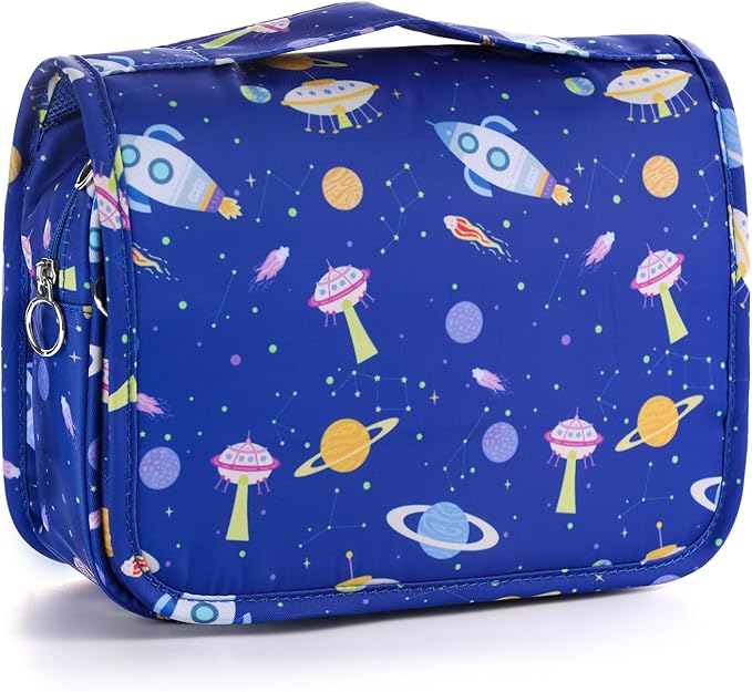 Kids Hanging Toiletry Bag for Boys, Travel Toiletry Bag for Little Young Boys Waterproof Wash Bag Toddler Traveling Toiletries, Space Blue