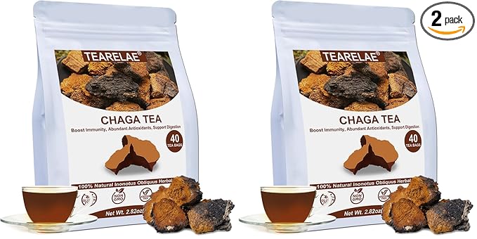 TEARELAE - Chaga Tea - 2g x 40 Count - Wild Harvest from Siberia - 100% Pure Natural Chaga Mushroom Tea Bag - Additive-Free - Non-GMO - Caffeine-free (Pack of 2)