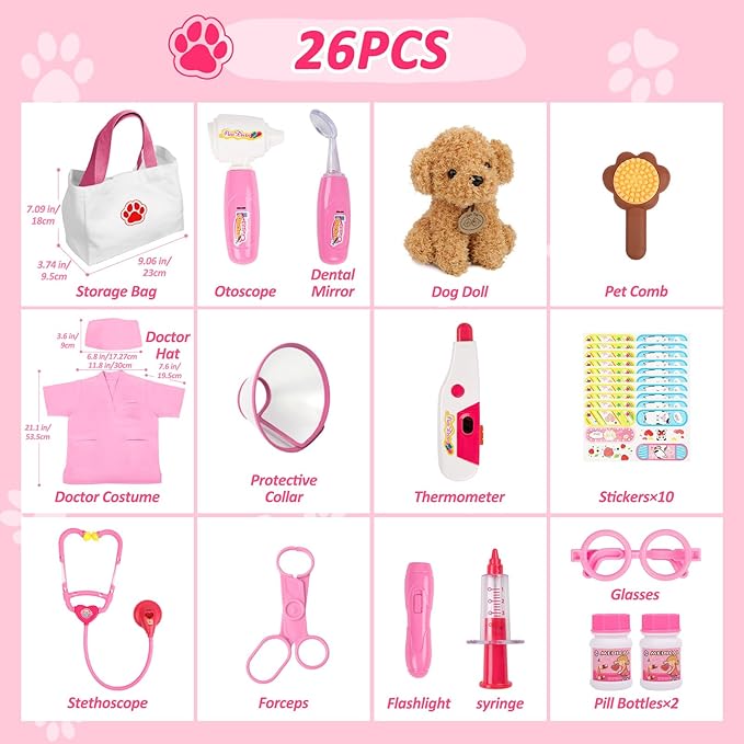 Liberry Doctor Kit for Toddlers Age 3 4 5 6, 26 Pcs Kids Doctor Playset with Dog Toy, Stethoscope and Dress Up Costume, Pretend Play Medical for Girls, Pink