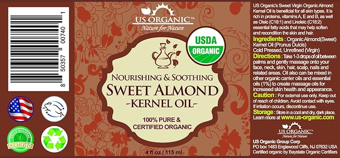 US Organic Sweet Almond Kernel Oil, USDA Certified Organic,100% Pure & Natural, Cold Pressed Virgin, Unrefined in Amber Glass Bottle w/Eyedropper, Sourced from Poland (4 oz (115 ml))
