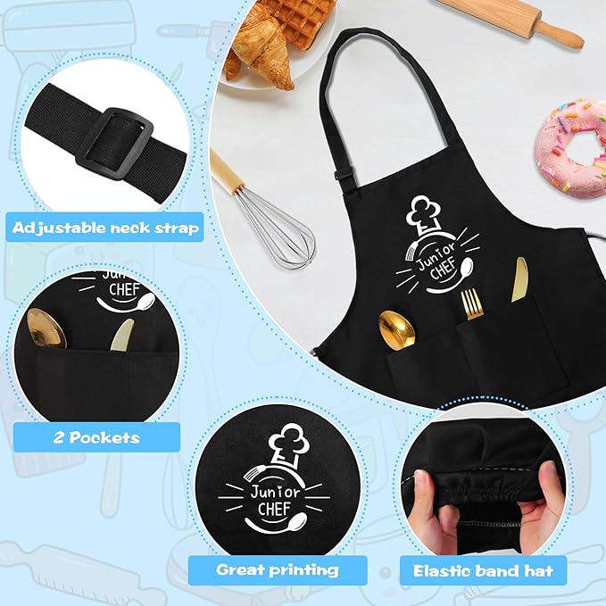 Kids Apron and Chef Hat Set, “Junior CHEF” Funny Apron Adjustable Kitchen Apron Cooking Baking Painting with 2 Pockets for Boys and Girls