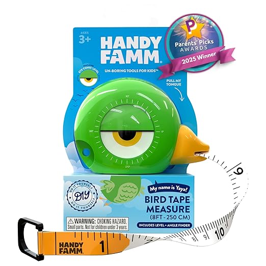 Handy Famm 8ft Green Bird Tape Measure for Kids – STEM Educational Tool with Level, Protractor, Retractable Design - DIY Construction Toy, Child-Safe Measuring Tapes, Gift for Boys & Girls 3+