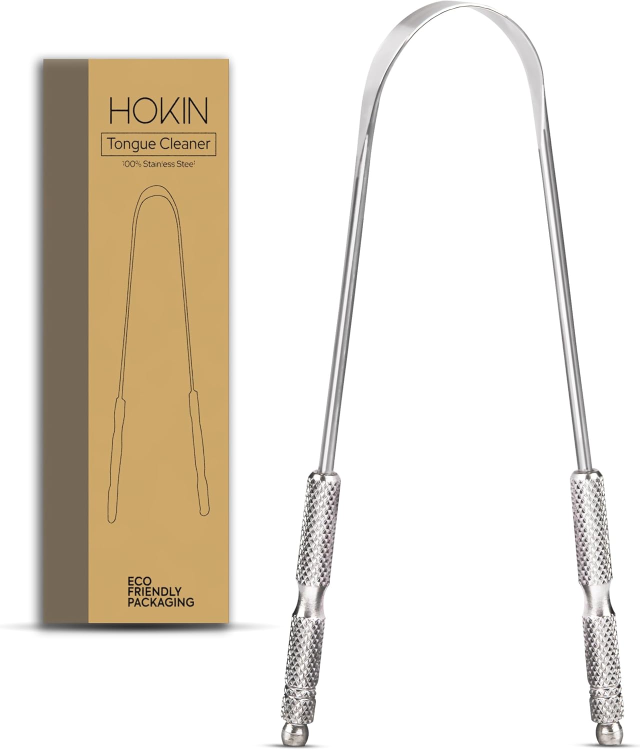 Tongue Scraper for Adults by HOKIN (1Pc Oral Care Pack) Stainless Steel Tongue Cleaners Reduce Bad Breath 100% Metal Tough Scrapers Men and Women Hygiene