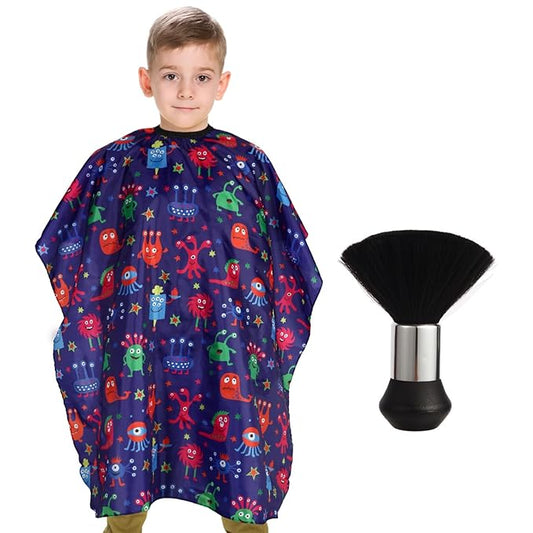 Kids Barber Cape with Neck Duster Brush, Professional Salon Hair Cutting Cape with Adjustable Snap Closure(Cartoon Monster)