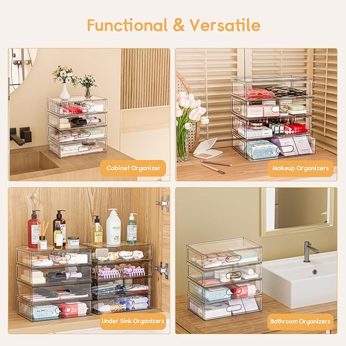 2 Pack Clear Makeup Storage Drawer, 12''W Stackable Bathroom Organizers and Storage Drawer, Acrylic Cosmetic Display Case For Vanity, Undersink, Cabinets, Desk Organizer