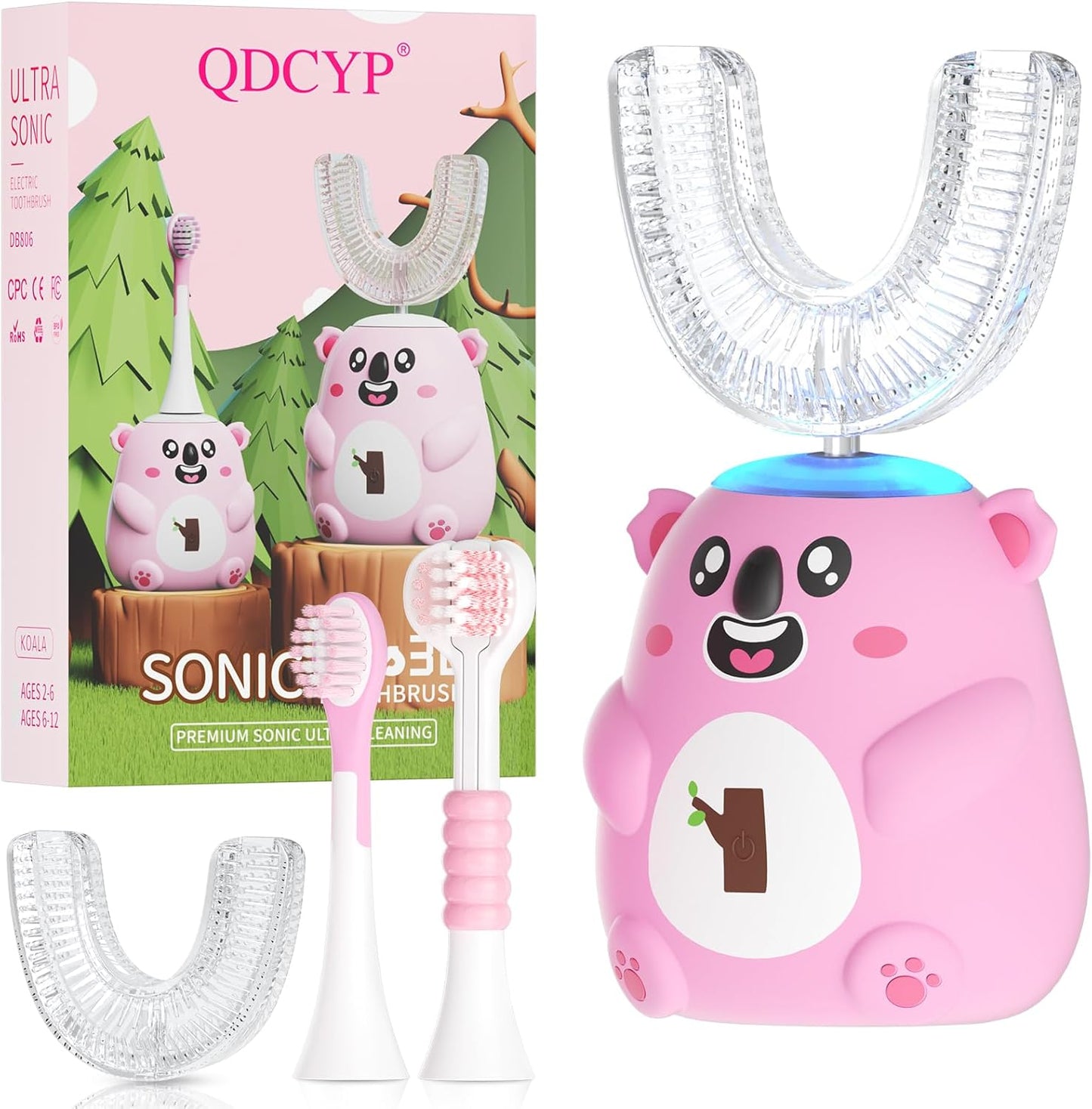 Kids U Shaped Electric Toothbrush, Automatic 360° Sonic Cleaning, 6 Modes, 4 Brush Heads, Cute Cartoon Koala Design (2-6 Age (Pink))