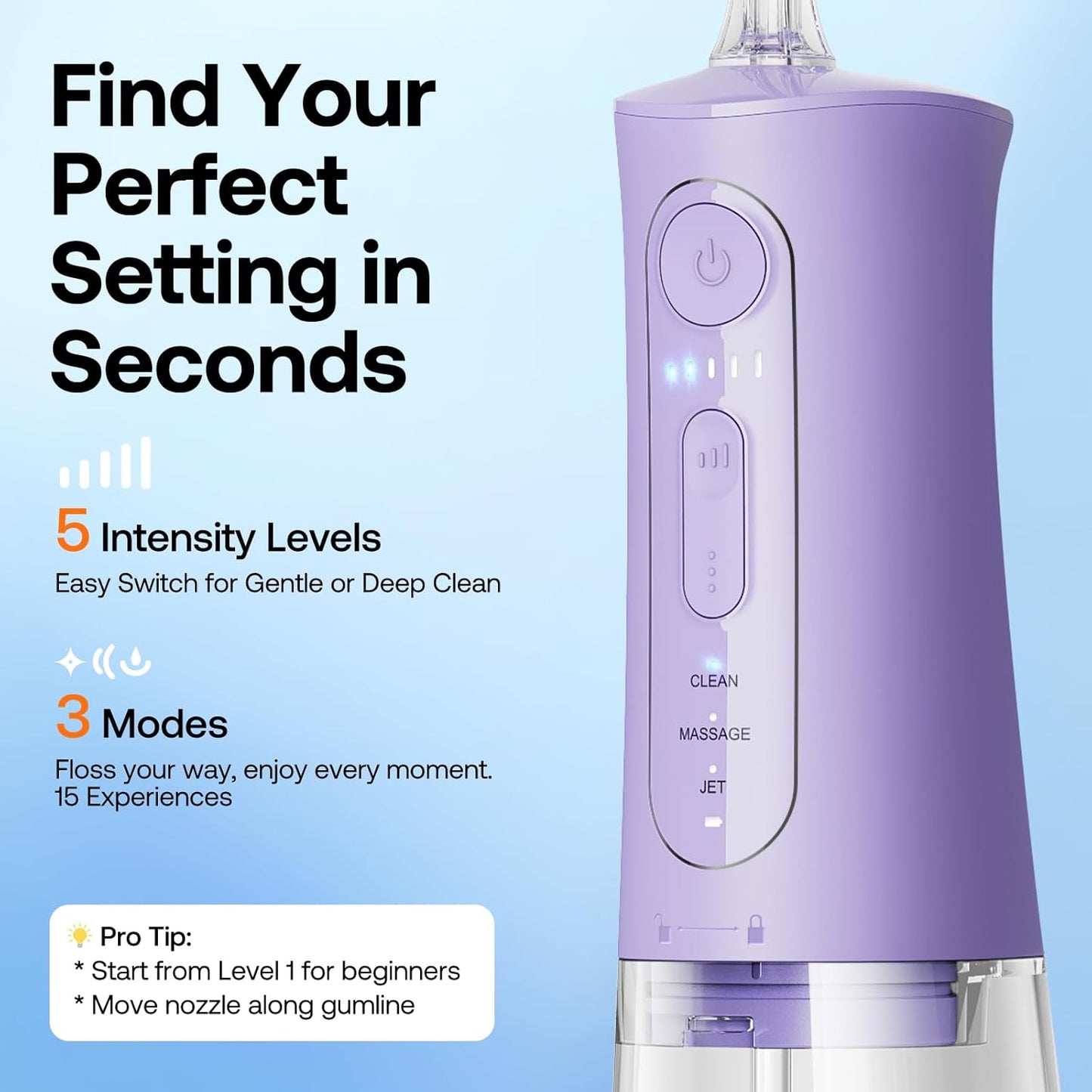 Bitvae Water Dental Flosser Teeth Pick, Portable Water Teeth Cleaner Picks, IPX7 Waterproof Oral Irrigator, 3 Modes 5 Intensities, USB Rechargeable Water Dental Picks for Cleaning - Lavender