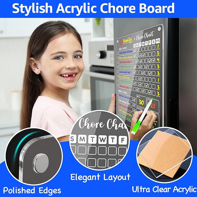 PigPotParty 3 Pack Acrylic Magnetic Kids Chore Chart for Multiple Kids & Family on Fridge – 9.5"x12" Weekly Dry Erase Chore Board with 12 Fine Point Colorful Markers & 1 Towel