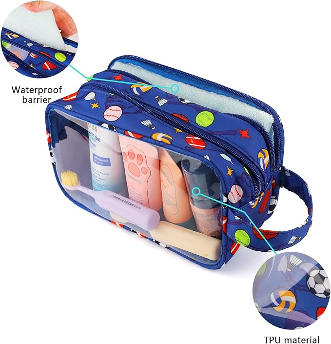 Kids Toiletry Bag for Boys, Travel Clear Toiletry Bag for Little Young Boys Waterproof Hanging Wash Bag Toddler Traveling Toiletries, Blue Soccer Balls