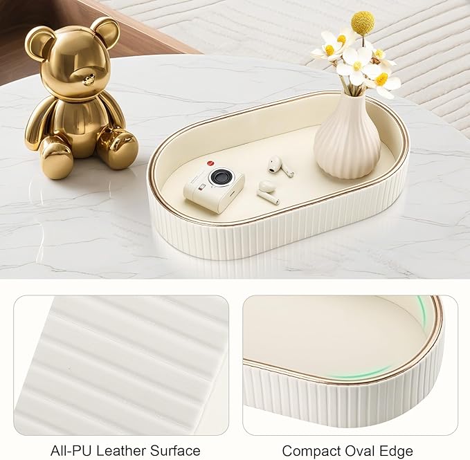 GORESE Oval Vanity Tray Perfume Organizer, PU Leather Valet Jewelry Trays Nightstand Organizer Key Bowl Trinket Dish for Entryway Dresser Bedside, Catchall Trays for Men Women, 11×5.9 in, Cream White