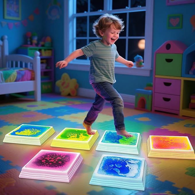 Light Up Sensory Floor Tiles for Kids - 12x12 Inch Liquid Sensory Play Mat with 7 Colors Led Lights, Non-Slip Puzzle Mat for Home and Classroom, Autism Sensory Toys for Toddlers Ages 3-7 (Pack of 6)