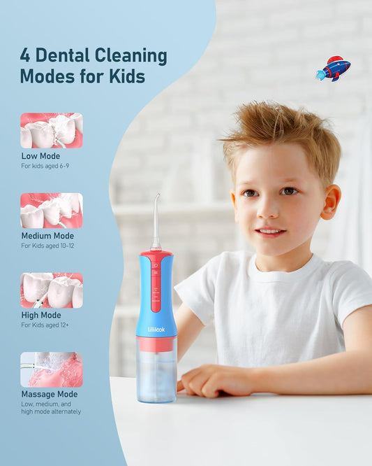 Kids Water Flosser Blue, Rechargeable Oral Irrigator for Kids Aged 6+, 4 Modes, 3 Jet Tips, Fun Stickers, Safe and Gentle Oral Care