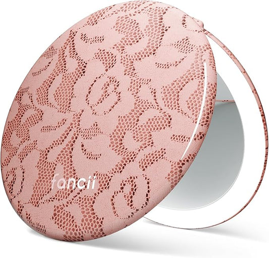 Fancii Taylor LED Lighted Travel Makeup Mirror, Rechargeable, 10x /1x Magnifying, Tru-Glow Lighting System, XL Large 5” Wide | Compact Mirror for Purses (Mocha Lace)